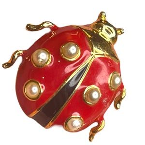 Vintage Marvella lady bug brooch enamel colorful gold finish stamped
